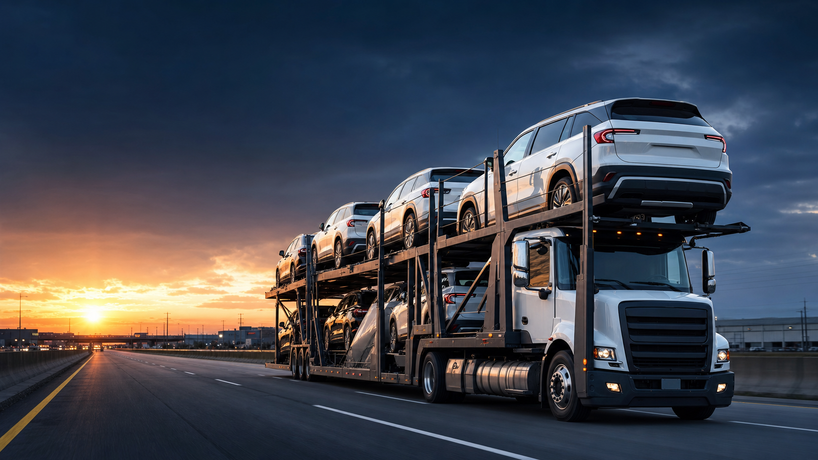 Auto carrier transporting vehicles on an interstate at sunrise